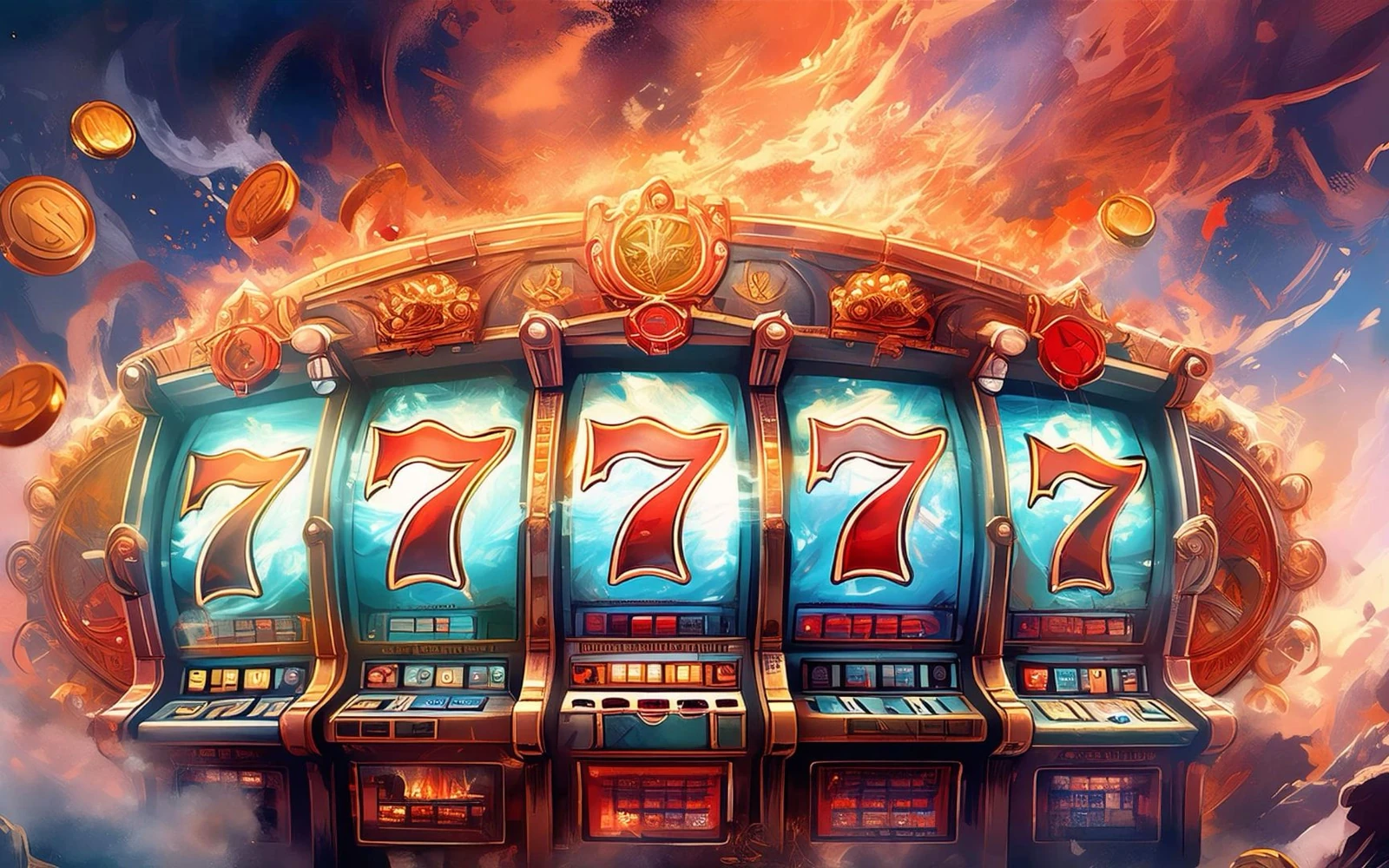 Tampilan slot pada perangkat seluler dengan tombol putar dan reel